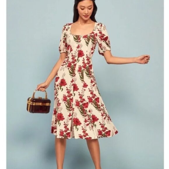 Reformation Beechwood Red Floral Puff Sleeve Button Midi Dress Romantic Boho - Picture 7 of 7